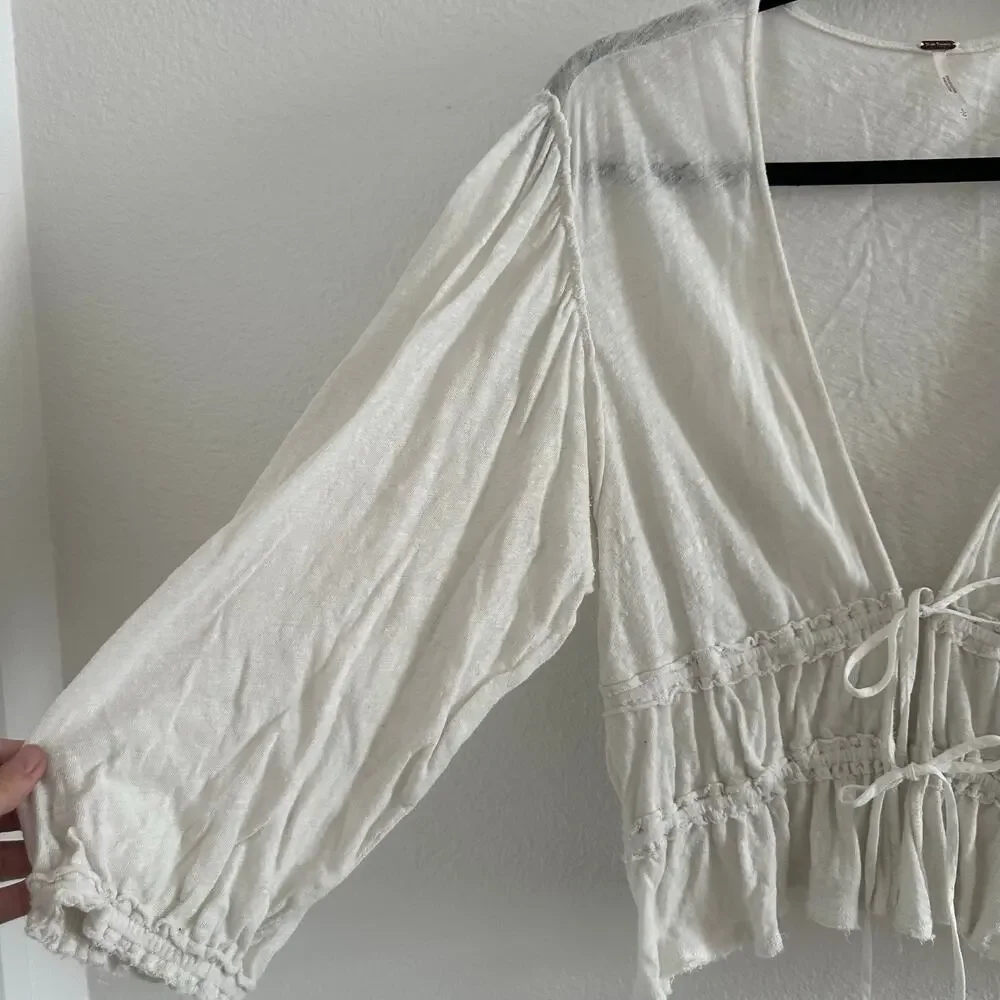 Free People Let's Go Linen Blend Tie Front Jersey Blouse in Ivory Size Large
